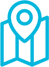 Light blue outline icon of a map with a location pin.