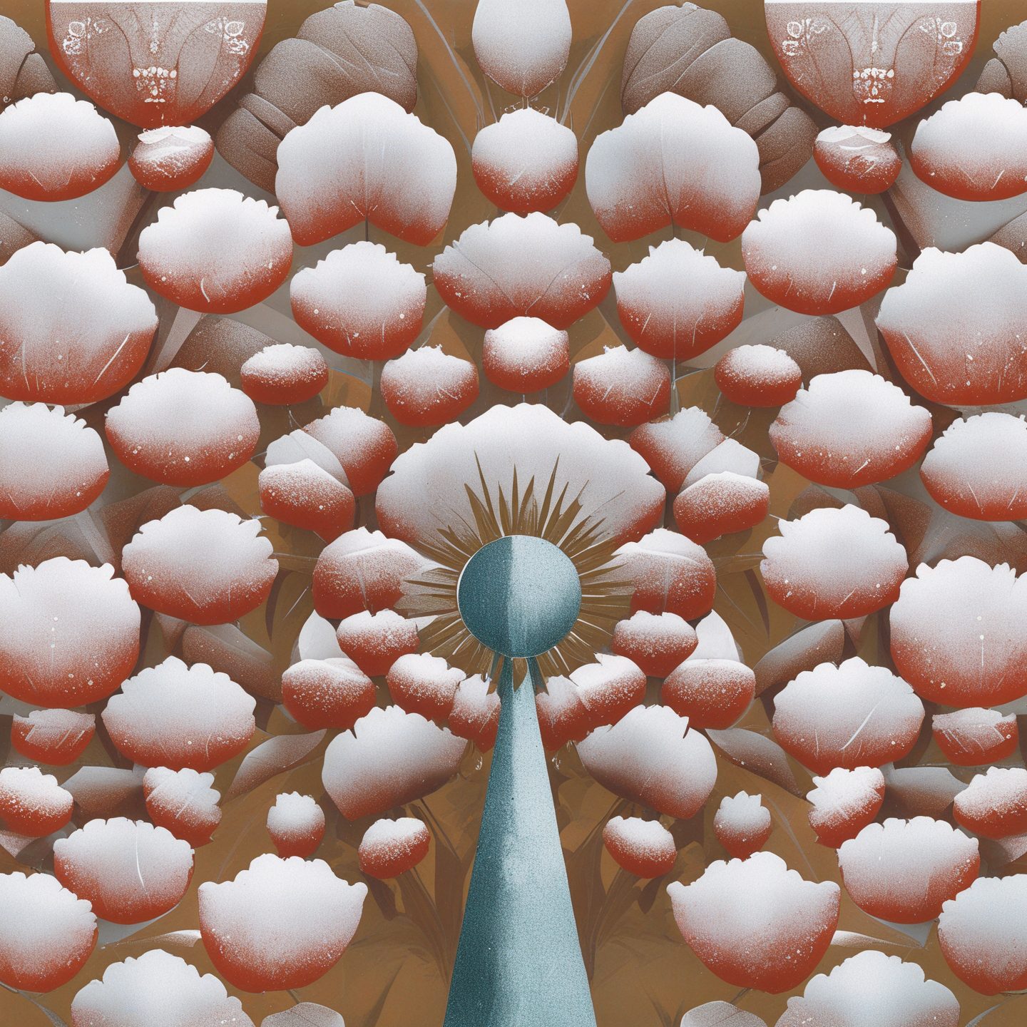 Abstract floral symmetry: white-red petals, blue sphere center, and warm brown tones.