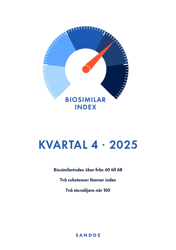 A Sandoz report cover for Q4 2025 showing the Biosimilar Index increasing from 60 to 68.