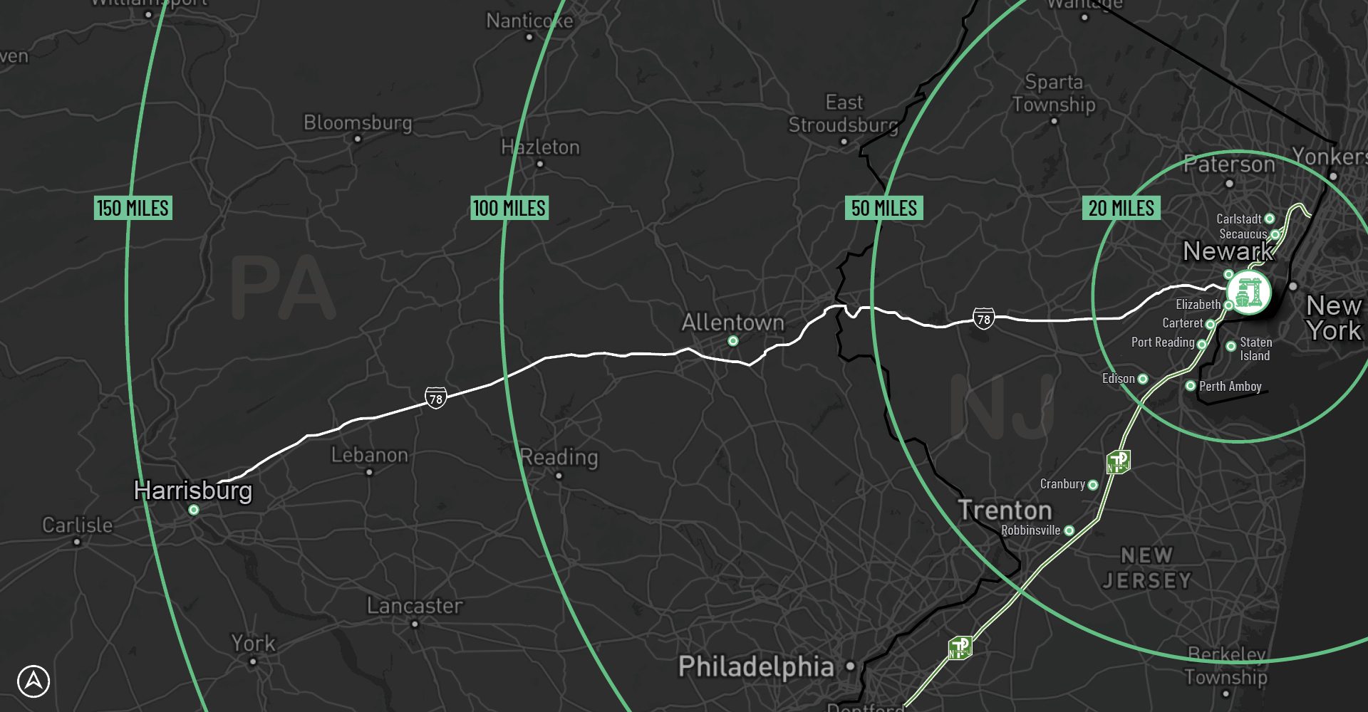 Map showing I-78 route from Harrisburg, PA to Newark, NJ, with mileage rings around Newark.