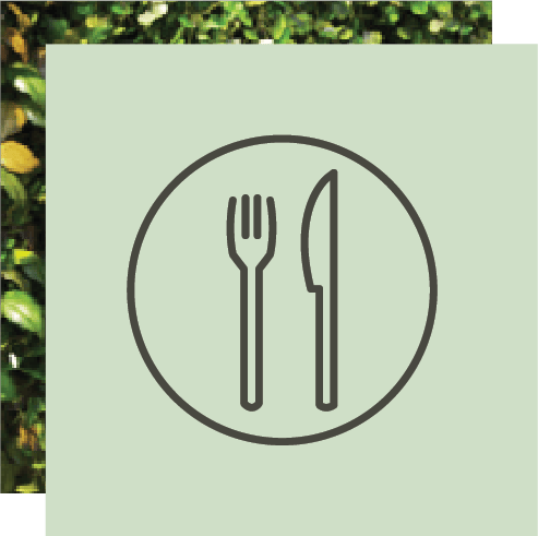 Restaurant icon with fork and knife in a circle on a light green background, framed by green foliage.