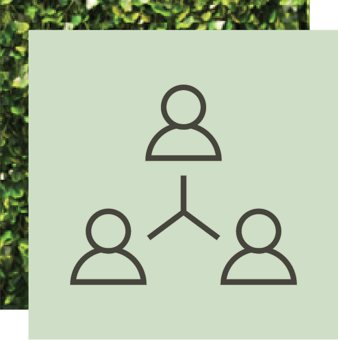 An icon depicting one person connected to two other people, symbolizing networking or a hierarchy on a green background.