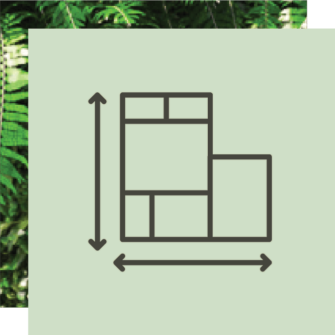 An icon depicting a floor plan or architectural layout with measurement arrows for dimensions, set against a green background.