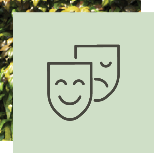 Outline icon of two theatrical masks, one happy and one sad, on a light green background.