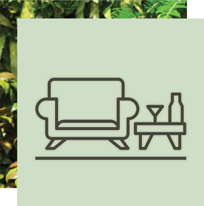 Outline icon of a sofa with a small table, a drink glass, and a bottle on a light green background.