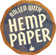 A sticker with the words &#x22;Rolled with hemp paper&#x22;.