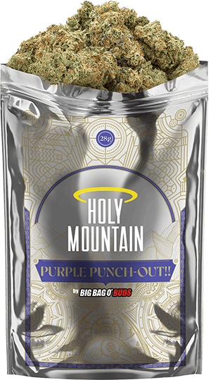 A pouch of Holy Mountain Purple Punch Out flower.