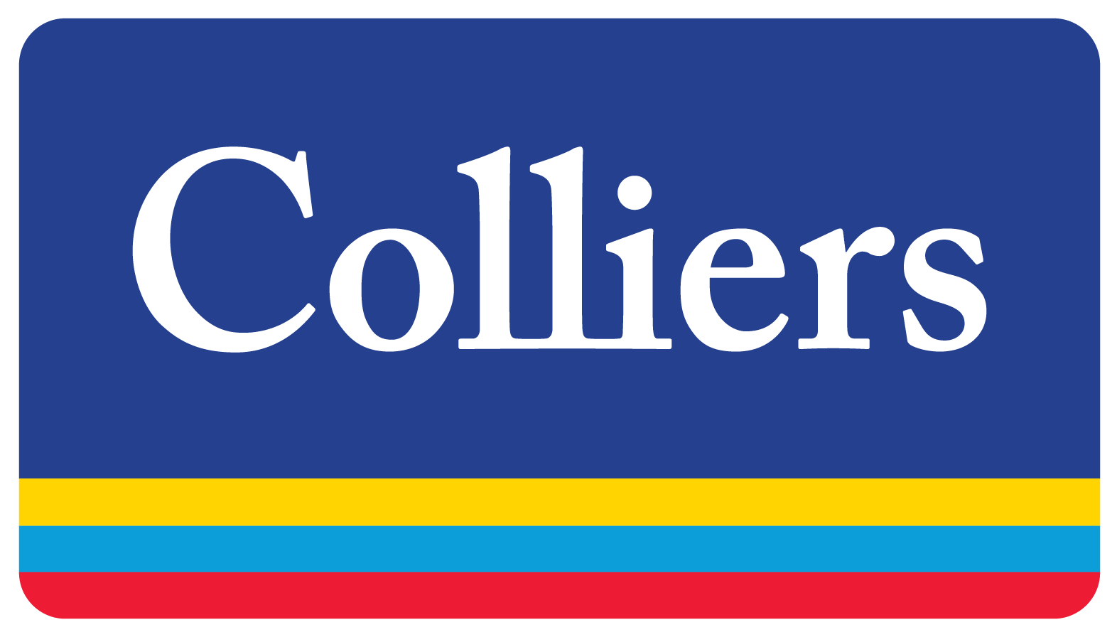 Colliers logo featuring white text on a blue background, with yellow, light blue, and red stripes.