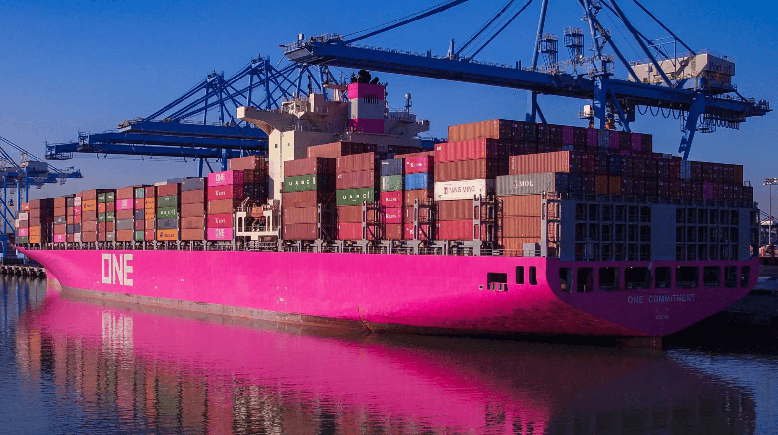 Naval architecture, Shipping container, Water, Sky, Light, Watercraft, Boat, Pink, Dusk, Lake
