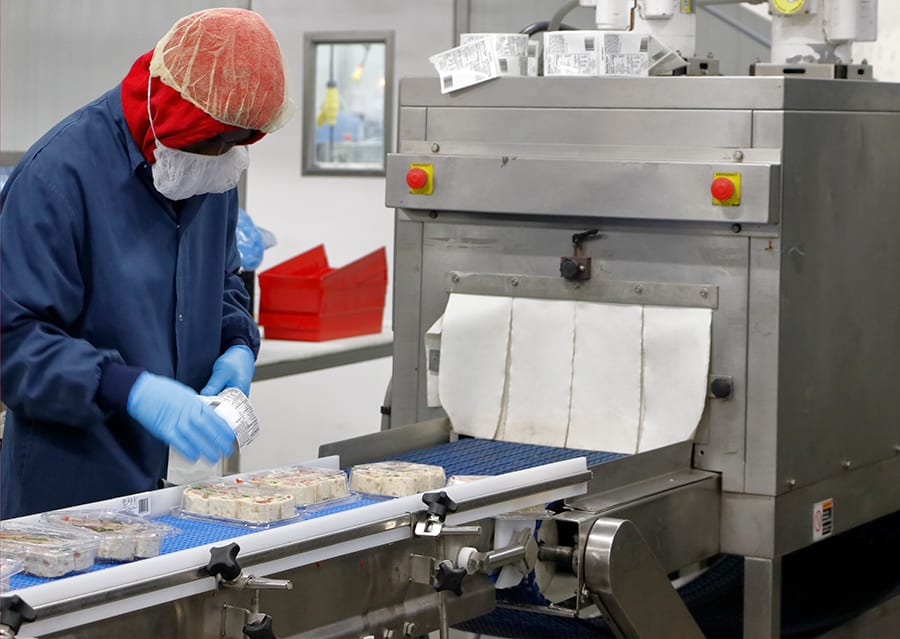 Person in protective gear placing food packages onto a conveyor belt in a processing plant.