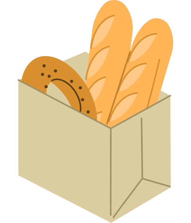 A grocery bag with two baguettes and a pretzel.