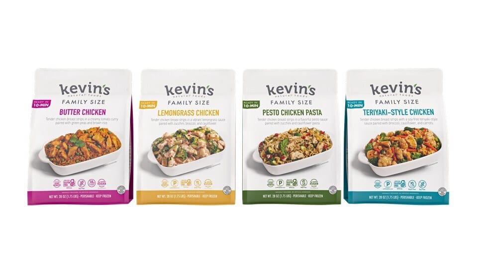 Four Kevin's Natural Foods family-size meals: Butter Chicken, Lemongrass, Pesto, and Teriyaki-Style.