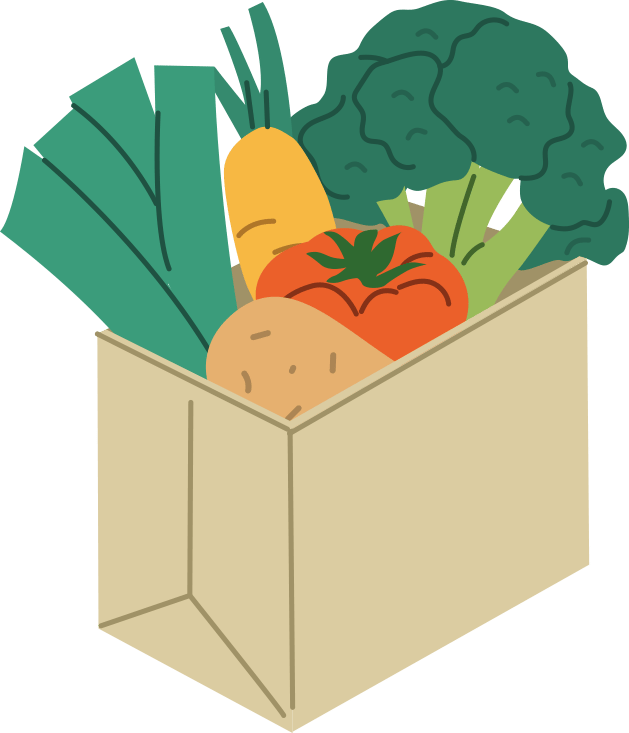 Illustration of a brown box filled with vegetables: leeks, carrots, broccoli, tomato, potato.