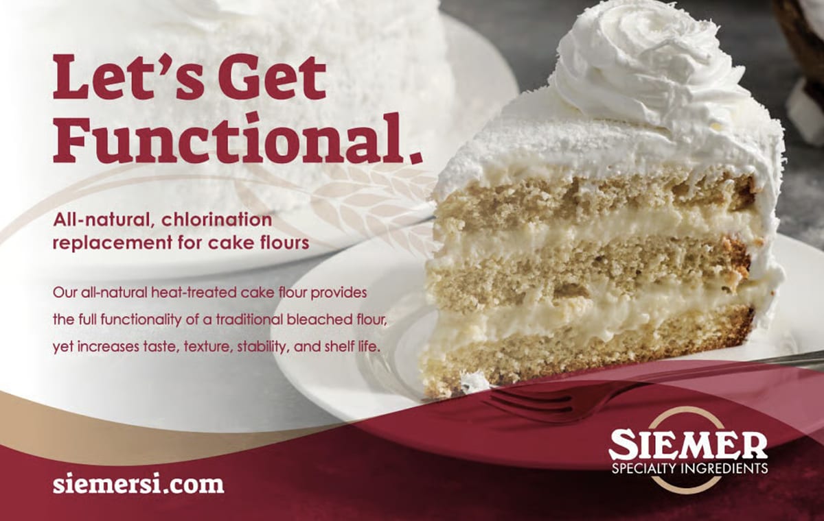 Ad for Sieber Specialty Ingredients' all-natural, heat-treated cake flour, a chlorination replacement.