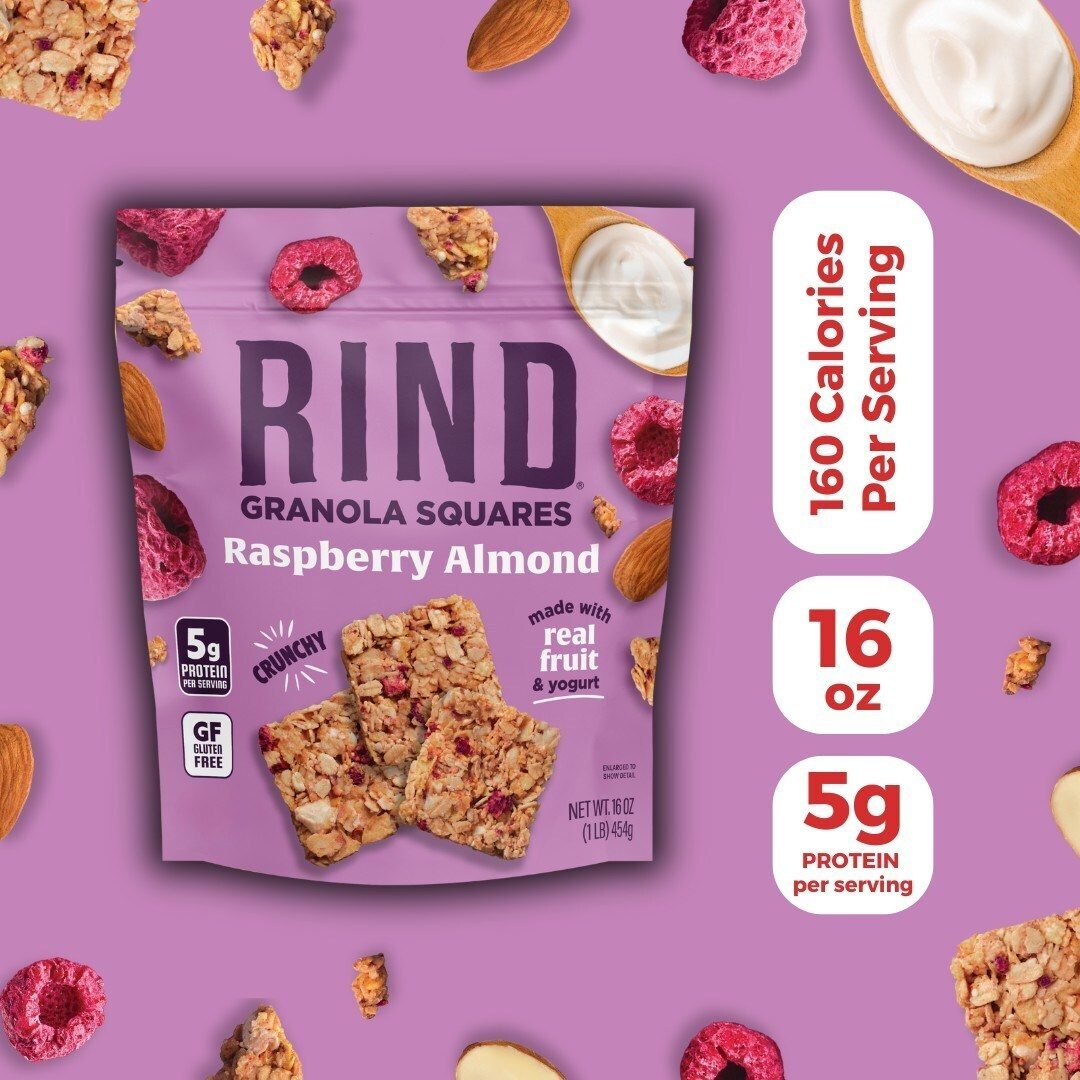 Purple bag of RIND Raspberry Almond Granola Squares, highlighting 5g protein, gluten-free, and real fruit.