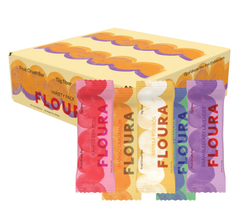 Floura Fruit Crush Bar variety pack box with five colorful 13g fiber bars, e.g., Raspberry Rose.