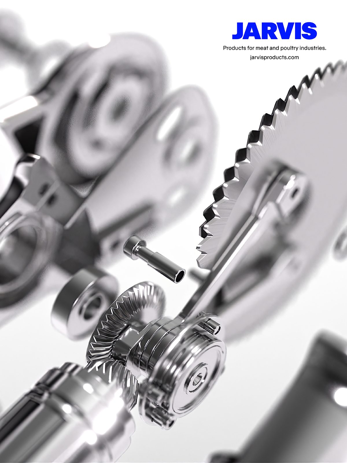 Metallic gears and disassembled machinery parts for meat/poultry industry, with JARVIS logo.