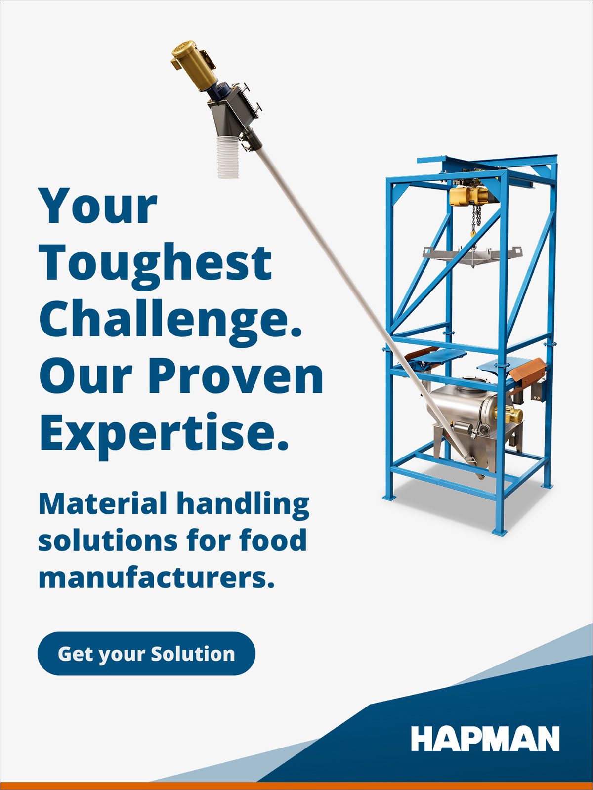 Material handling system with a screw conveyor and bulk bag unloader for food manufacturers.