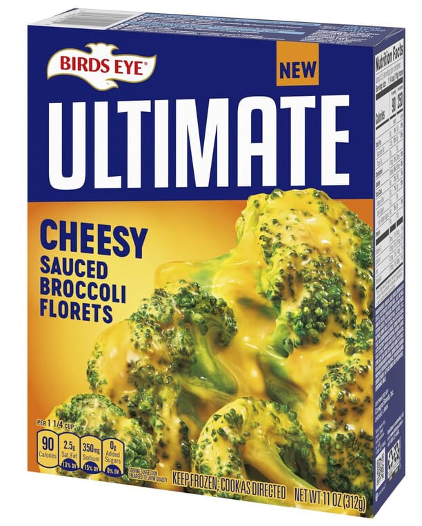 Birds Eye Ultimate Cheesy Sauced Broccoli Florets frozen vegetable box with nutritional info.