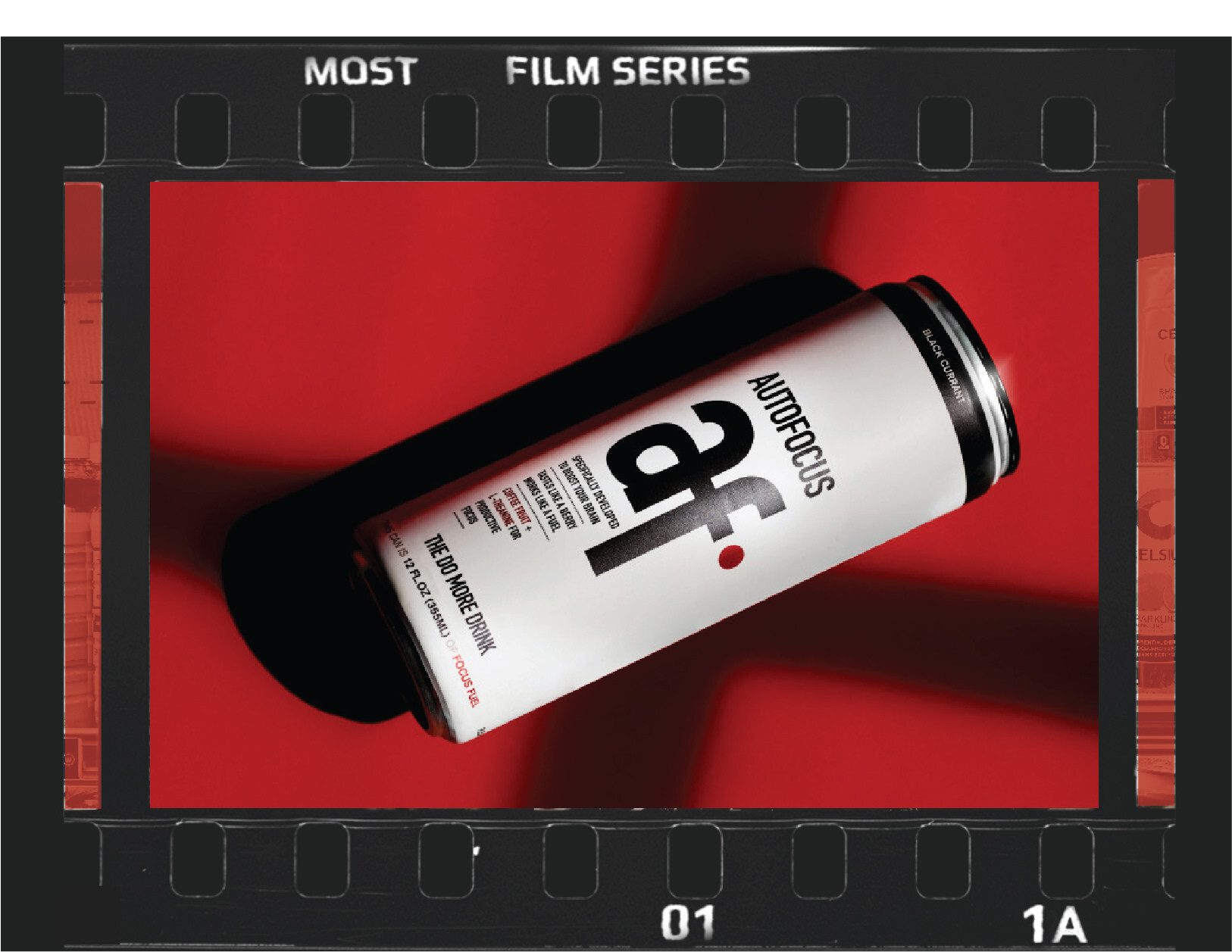 Autofocus Black Currant drink can on red, framed by 'MOST FILM SERIES' film strip.