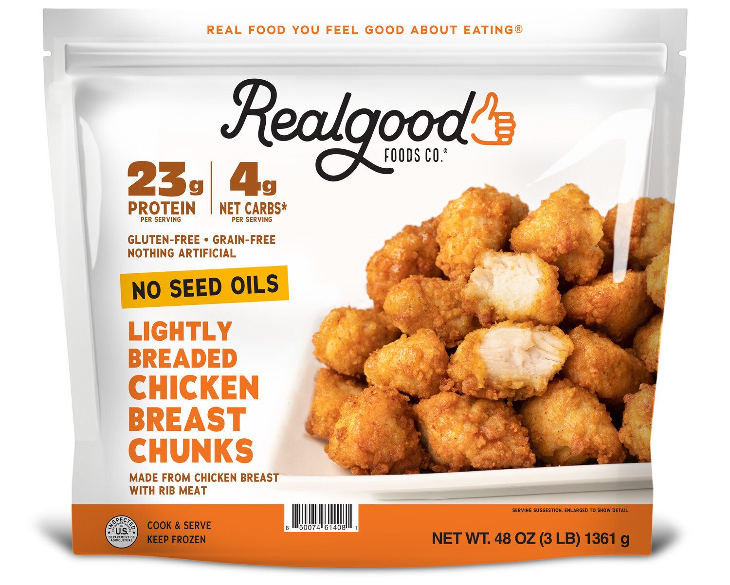 Realgood Lightly Breaded Chicken Breast Chunks bag: 23g protein, 4g net carbs, no seed oils, gluten/grain-free.