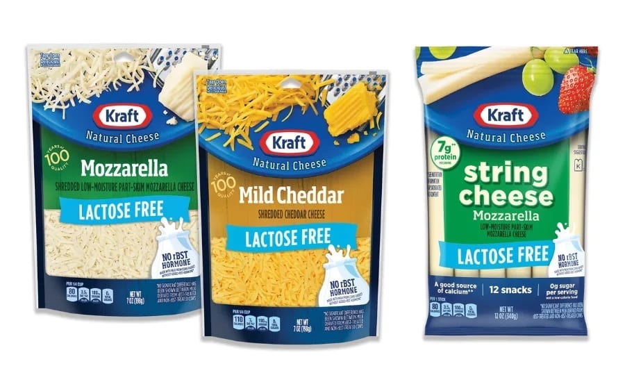 Three bags of Kraft Lactose Free cheese: shredded mozzarella, mild cheddar, and string cheese.