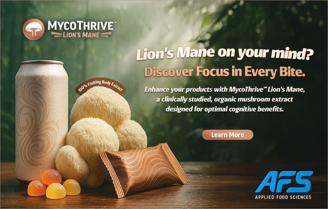 Ad: MycoThrive Lion's Mane mushroom extract for cognitive focus, with a drink, gummies, and bar.