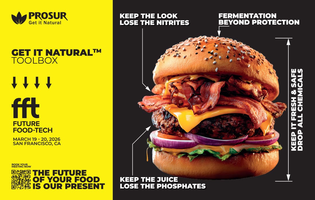 Advertisement for PROSUR Get it Natural and Future Food-Tech event, featuring a large burger and text on natural preservation.