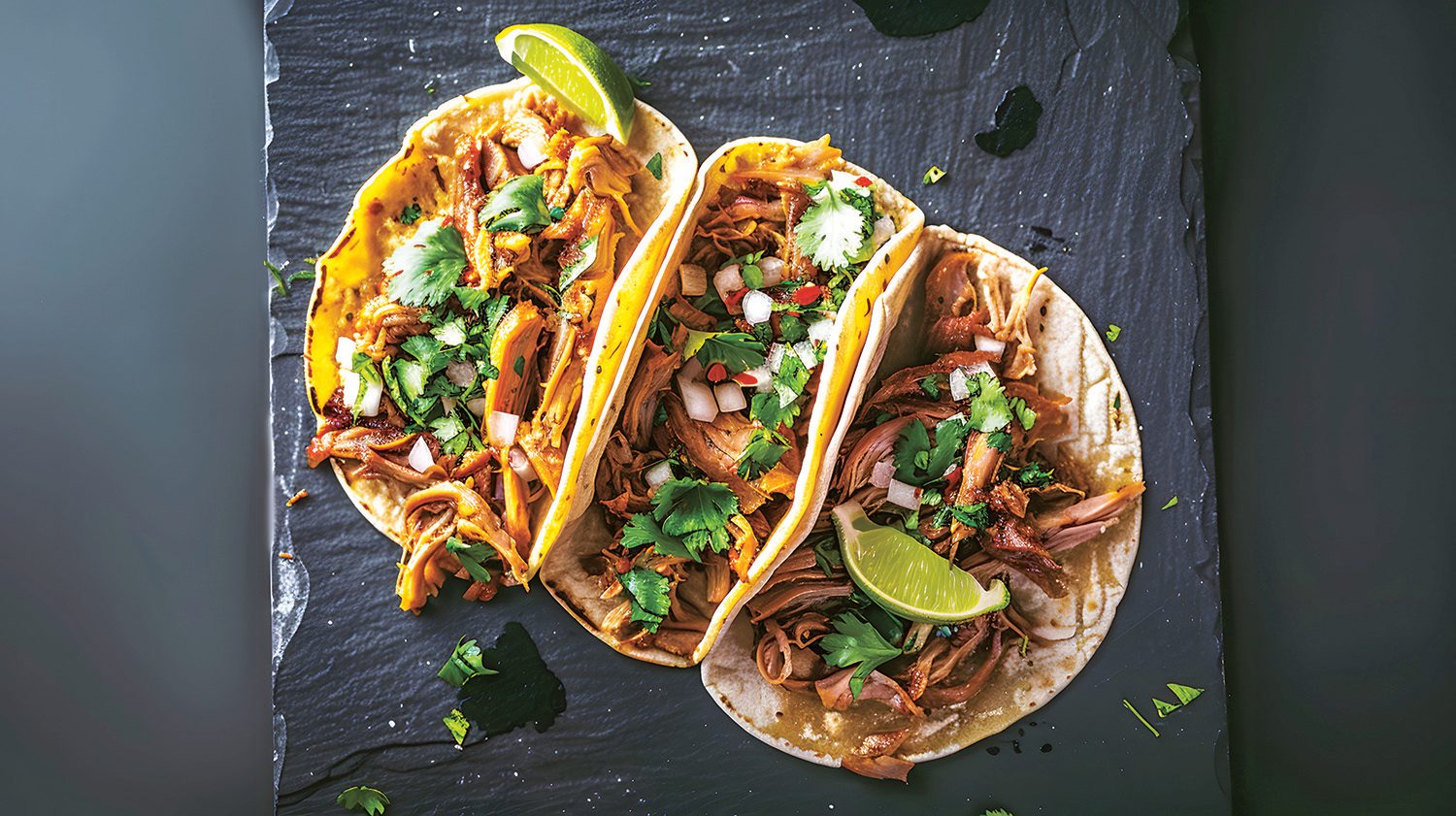 Three carnitas tacos topped with cilantro, onion, and lime on dark slate.