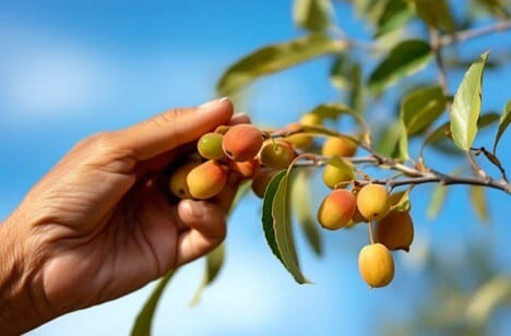 A person's hand reaching for ripe, colorful berries on a branch against a clear blue sky.