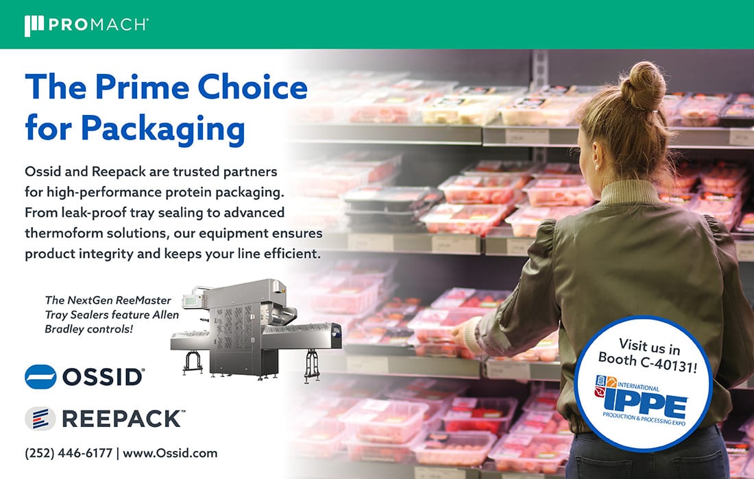 Advertisement for Promach's Ossid & Reepack protein packaging, featuring a tray sealer and IPPE booth invite.