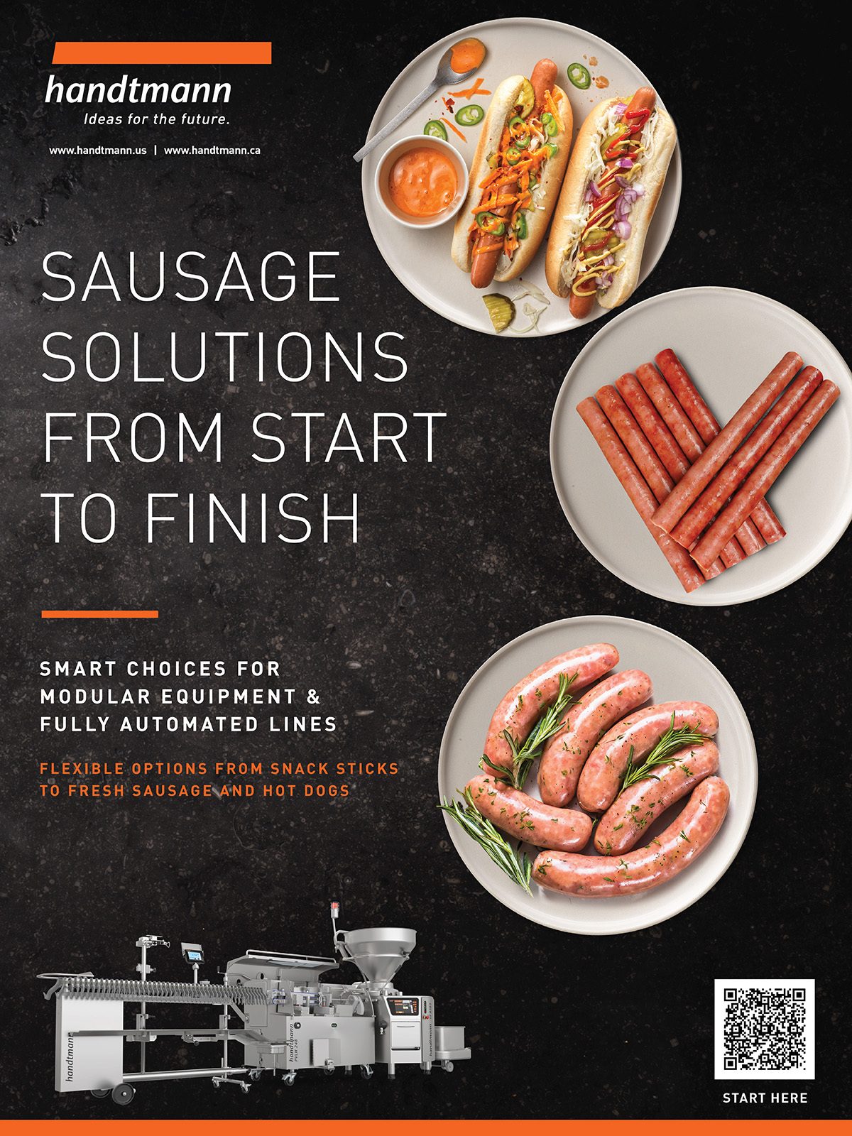Handtmann ad showing hot dogs, snack sticks, fresh sausages, and a production machine, highlighting full sausage solutions.