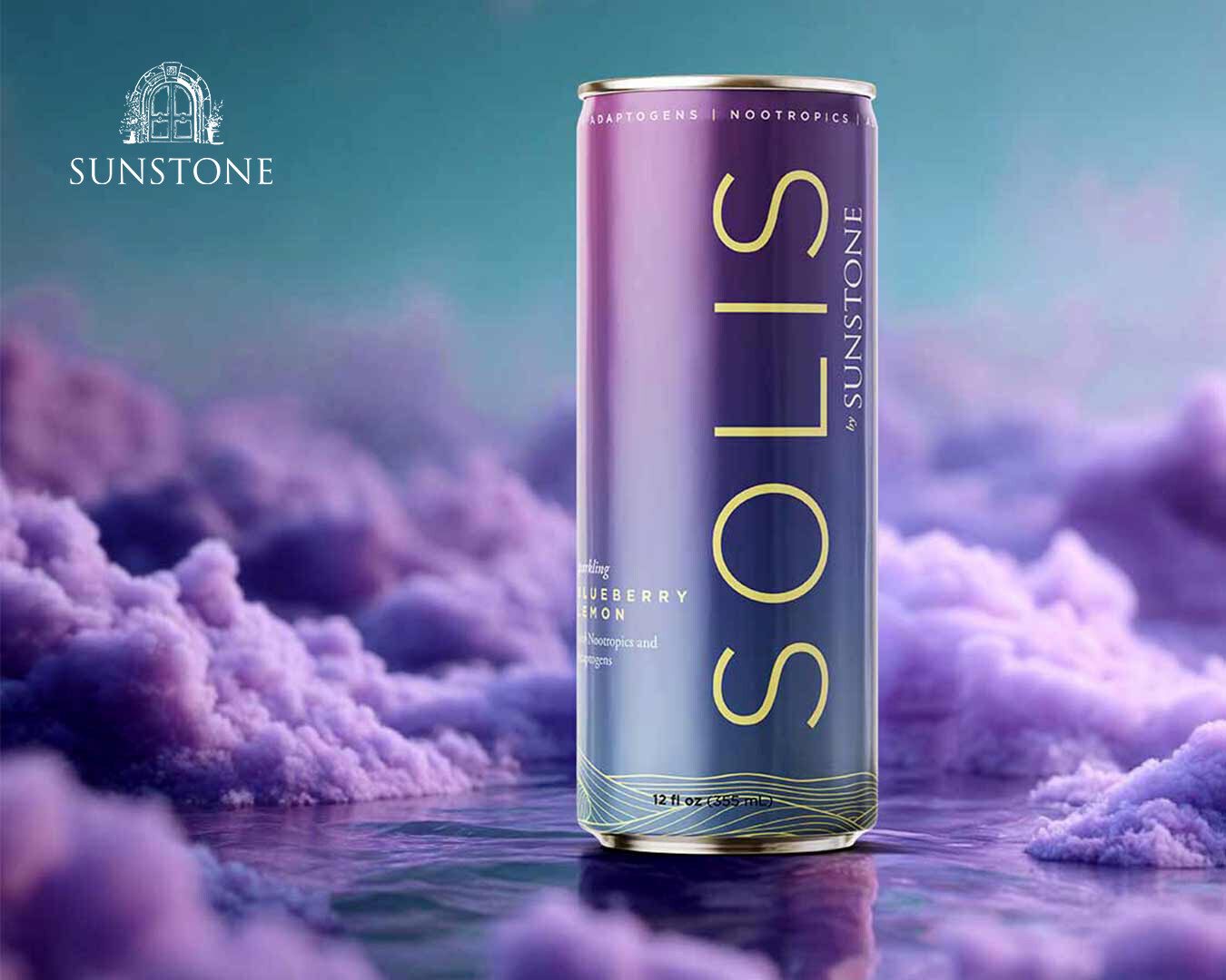 Solis by Sunstone blueberry lemon drink can in a dreamy purple and blue landscape.