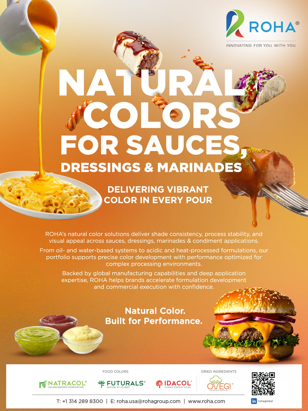 Ad for ROHA's natural food colors, featuring sauces on pasta, a burger, and in bowls.
