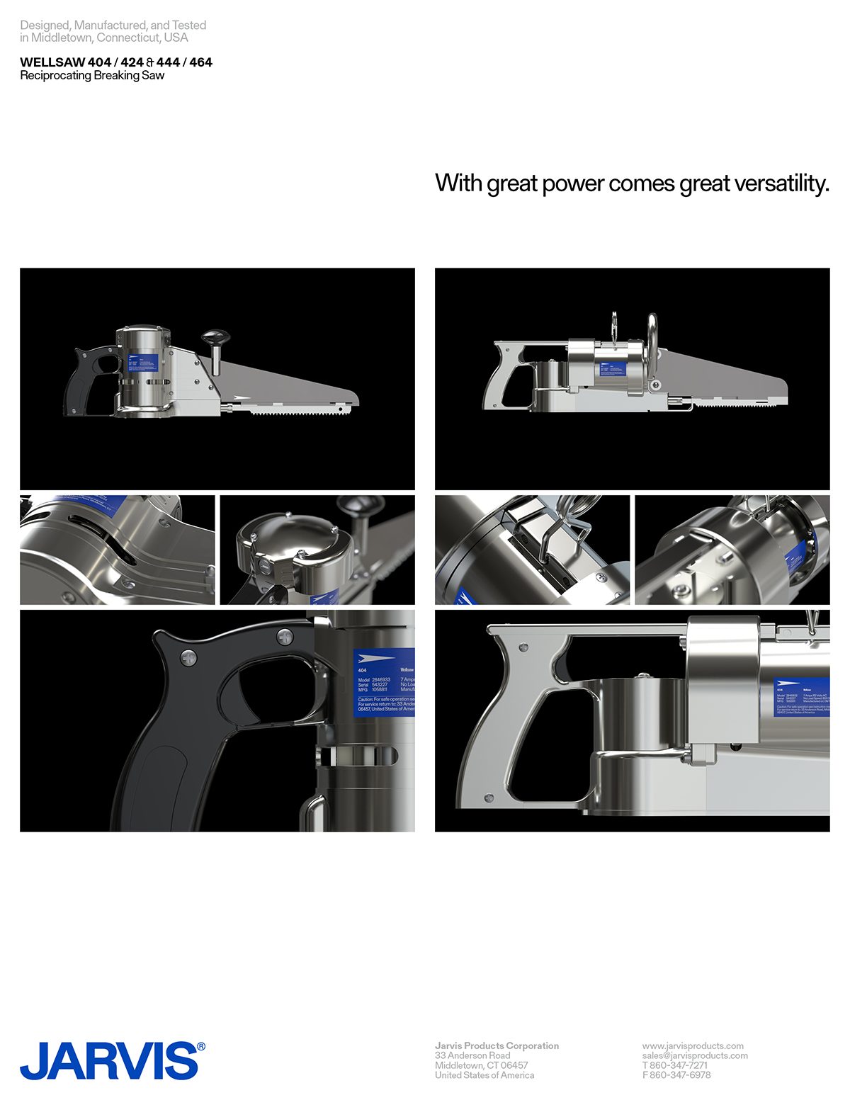 Jarvis WELLSAW reciprocating breaking saws (models 404-464) for meat processing with detail shots.