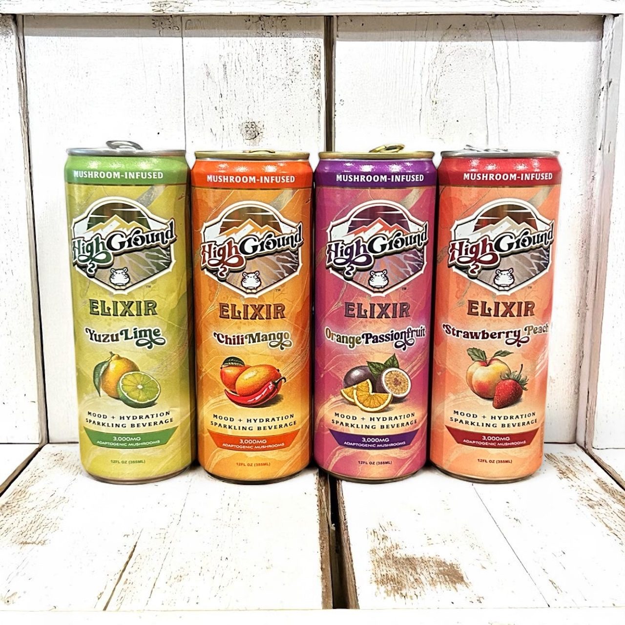 Four mushroom-infused sparkling drinks: Yuzu Lime, Chili Mango, Orange Passionfruit, Strawberry Peach.