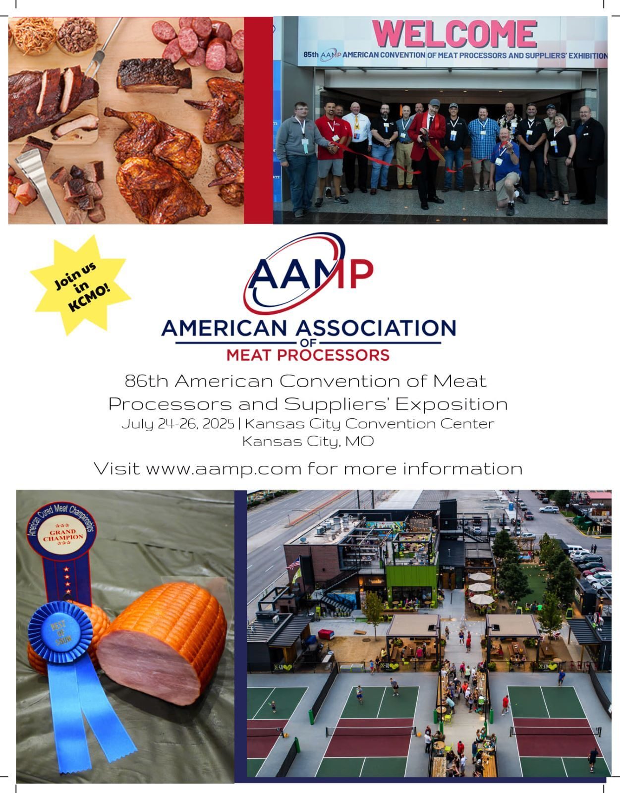 Flyer for AAMP's 86th American Convention with meats, attendees, and Kansas City scenes.