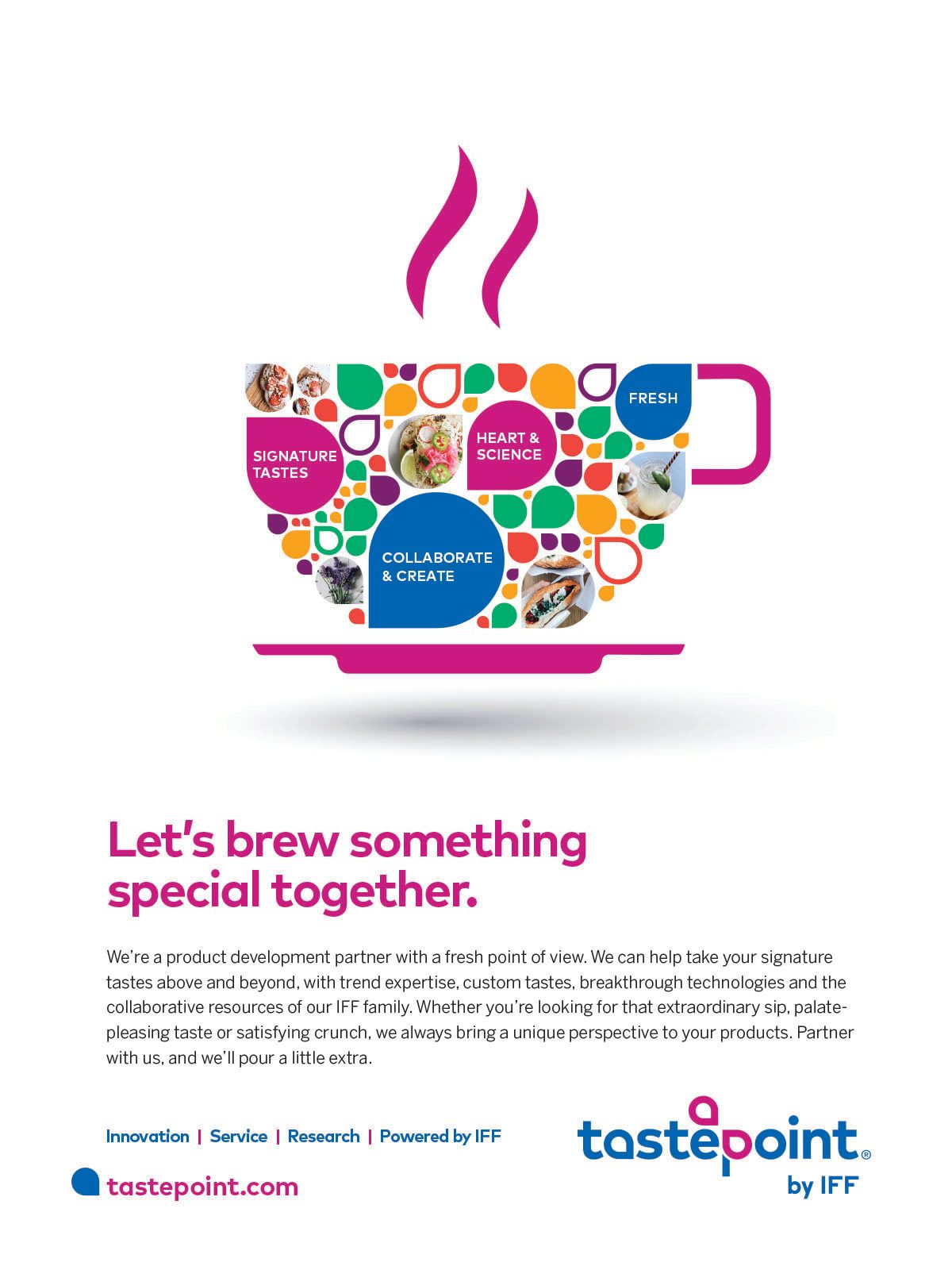 Tastepoint ad: colorful coffee cup graphic for product development partnership.