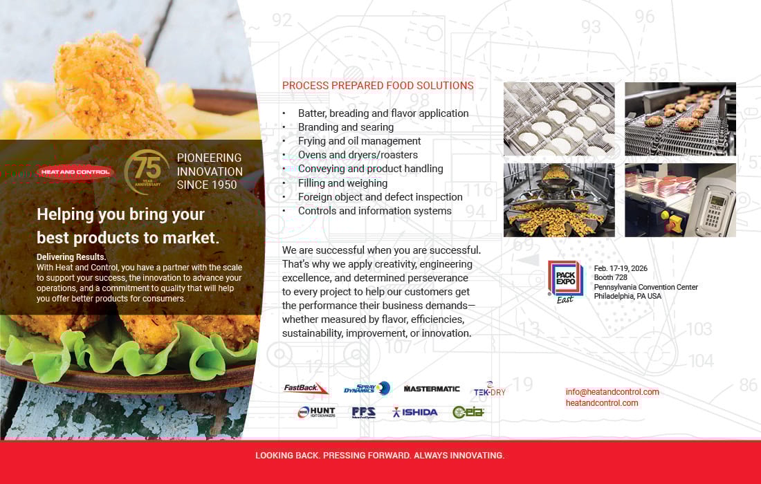 Heat & Control 75th anniversary ad: food processing solutions, fried chicken, equipment, Pack Expo.