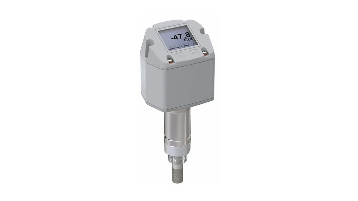 A gray industrial sensor with a digital display showing -47.8 °Ctd and a metallic probe.
