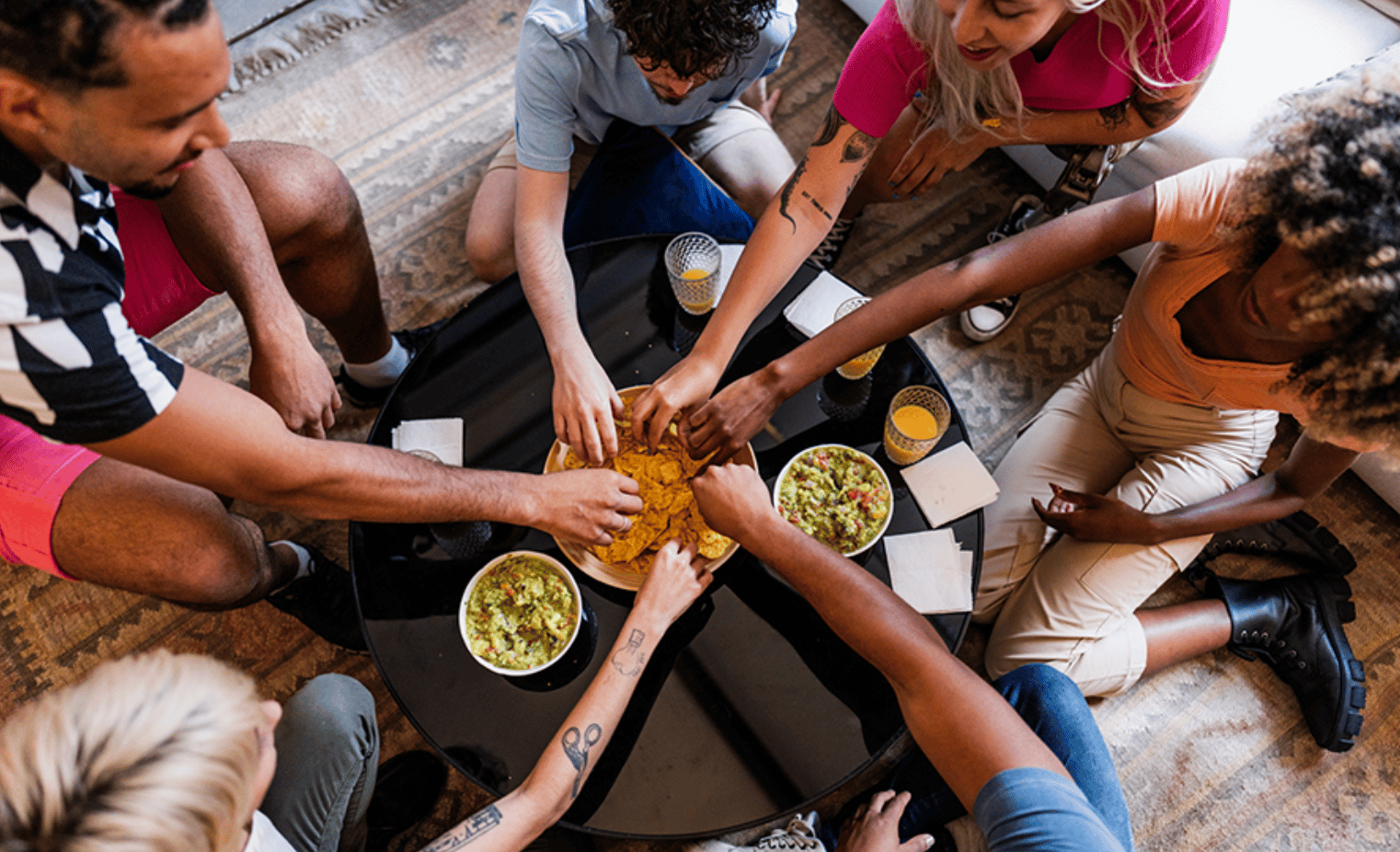 Hand, Arm, Food, T-shirt, Shirt, Wrist, Sharing, Eating