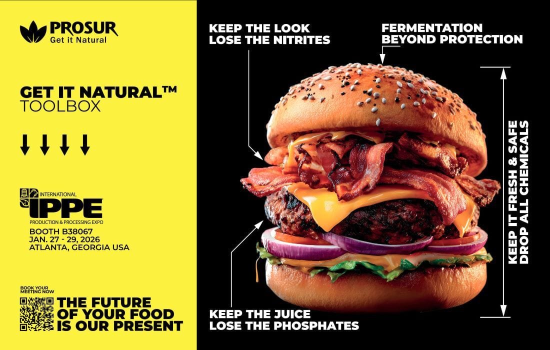 Prosur's "Get it Natural Toolbox" ad: burger, natural food solutions (no nitrites/phosphates), IPPE 2026.