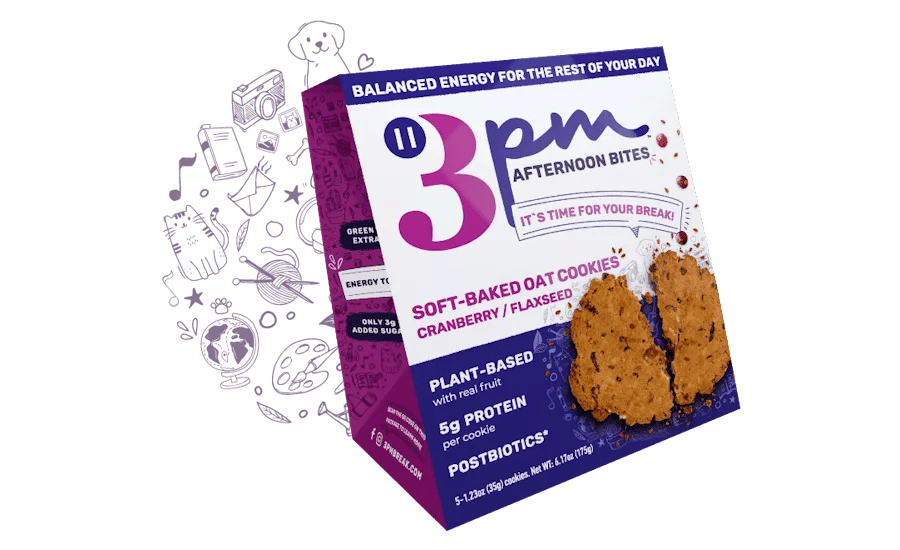 Box of 3pm Afternoon Bites soft-baked cranberry flaxseed oat cookies. Plant-based, 5g protein.