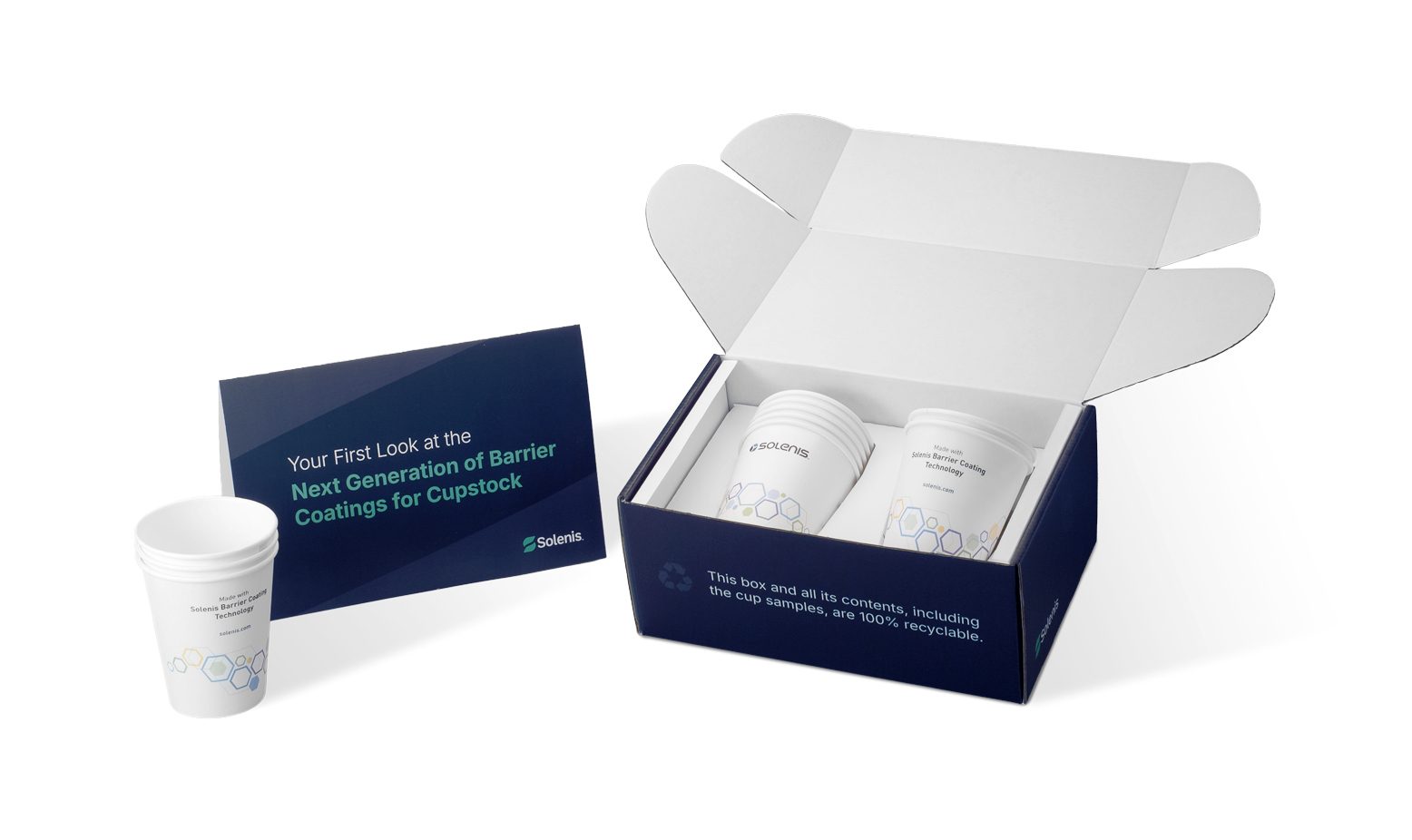 Solenis kit with recyclable paper cups featuring next-gen barrier coatings.