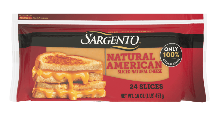 Sargento Natural American Sliced Cheese, 24 slices, with a grilled cheese sandwich on the package.
