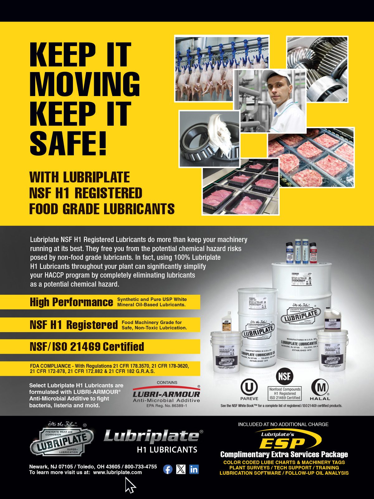 Ad for Lubriplate NSF H1 food-grade lubricants, ensuring safety and efficiency in food processing.
