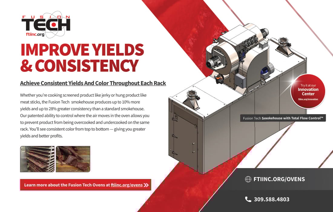 Ad for Fusion Tech Smokehouse, highlighting improved yields and consistency in product cooking processes.