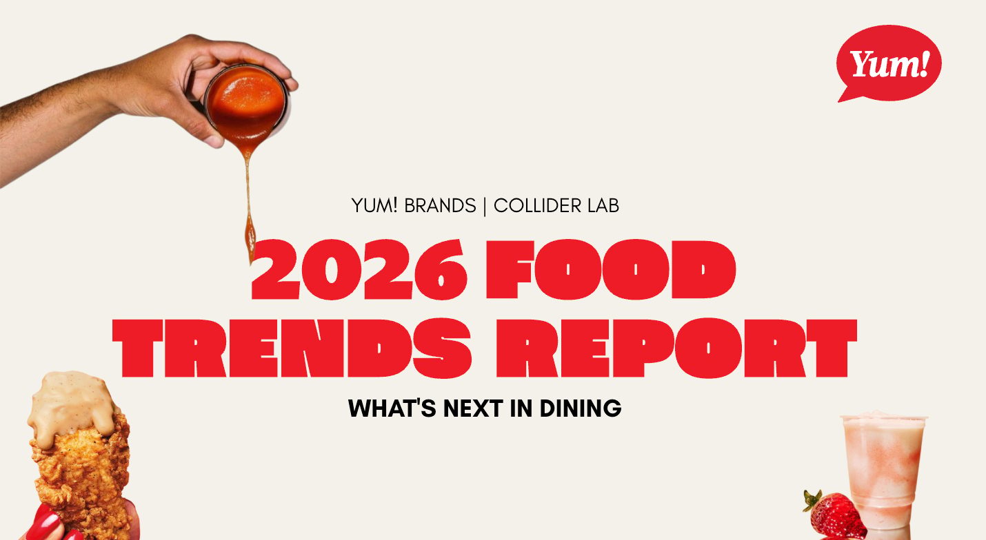 Yum! Brands 2026 Food Trends Report cover with sauce, chicken, and milkshake.