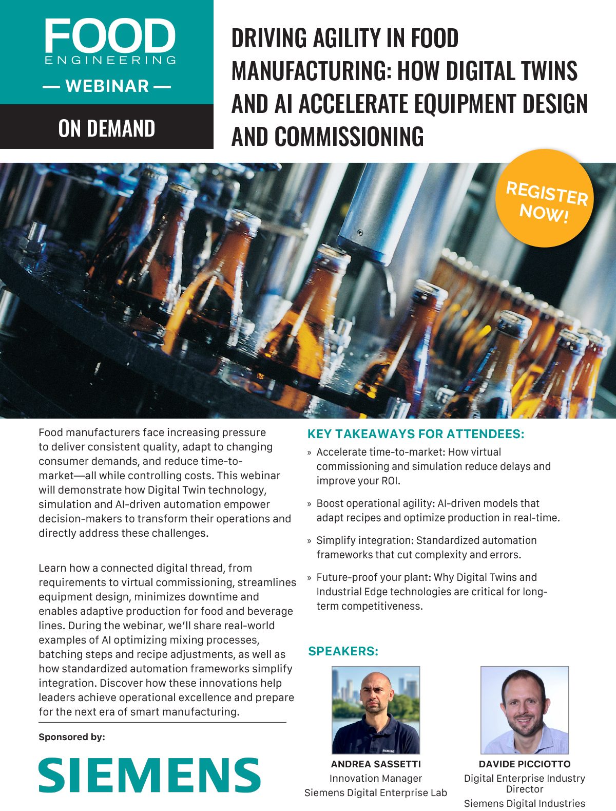 Webinar on using Digital Twins and AI to accelerate equipment design and commissioning in food manufacturing.