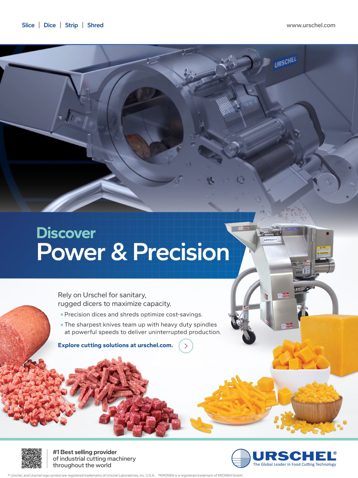 Urschel industrial food cutting machine. Processes meat, dices cheese, shreds fries with power & precision.